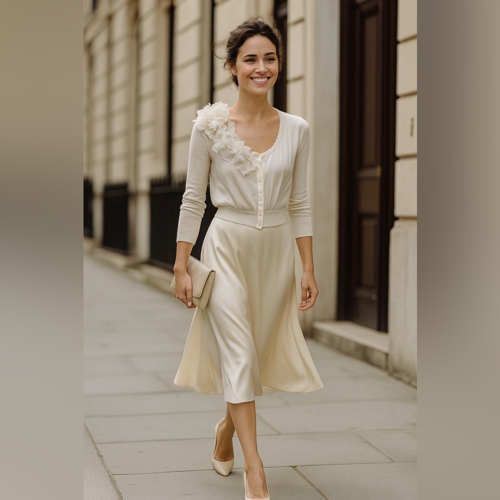 DKNY Silk Blend White Cardigan with Floral Detail